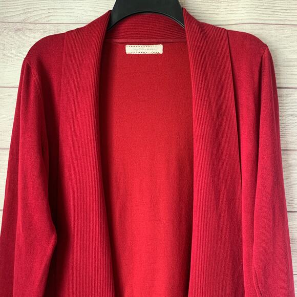 Pointelle Long Red Cardigan Sweater Open Front Folded Neckline Size Small - Picture 2 of 16